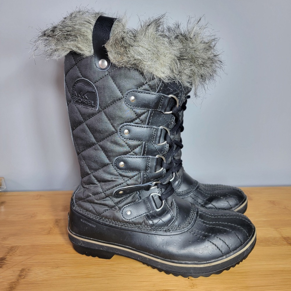Sorel Womens 8 Tofino Winter Snow Boots Black Quilted Faux Fur Waterproof LL1846